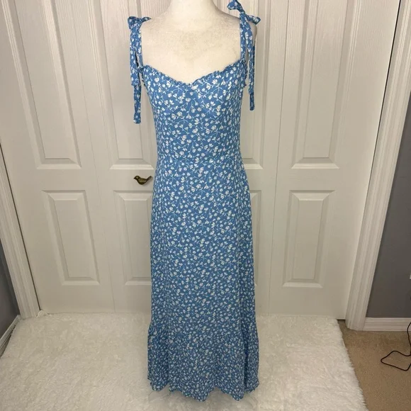 Reformation Blue Floral Tie Strap Midi Dress Size 8 Smocked Back Viscose - Picture 3 of 14